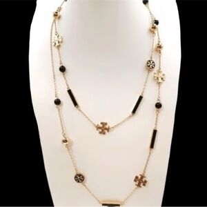 NWT Authentic TORY BURCH Kira Scattered Rosary Necklace BLACK/GOLD with Dustbag